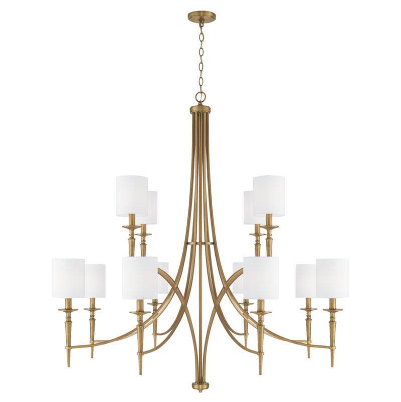Capital Lighting Abbie 12-Light Chandelier in Aged Brass with White Fabric Stay-Straight Shades