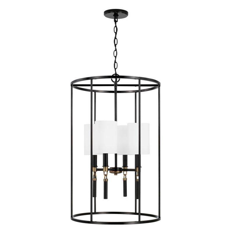 Capital Lighting Beckham 4-Light Foyer in Glossy Black and Aged Brass with White Fabric Stay-Straight Shade