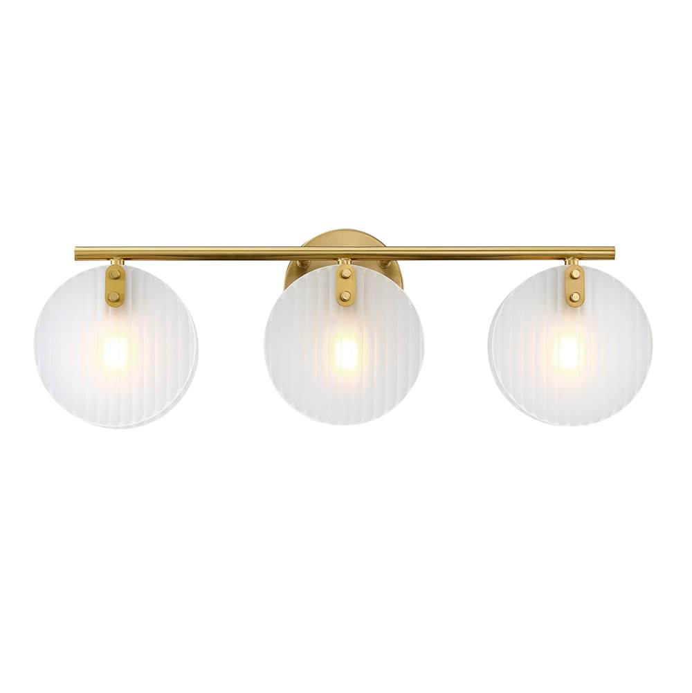 Designers Fountain Sky Fall 25 in. 3-Light Brushed Gold Vanity Light with Etched Fluted Glass Shades for Bathrooms