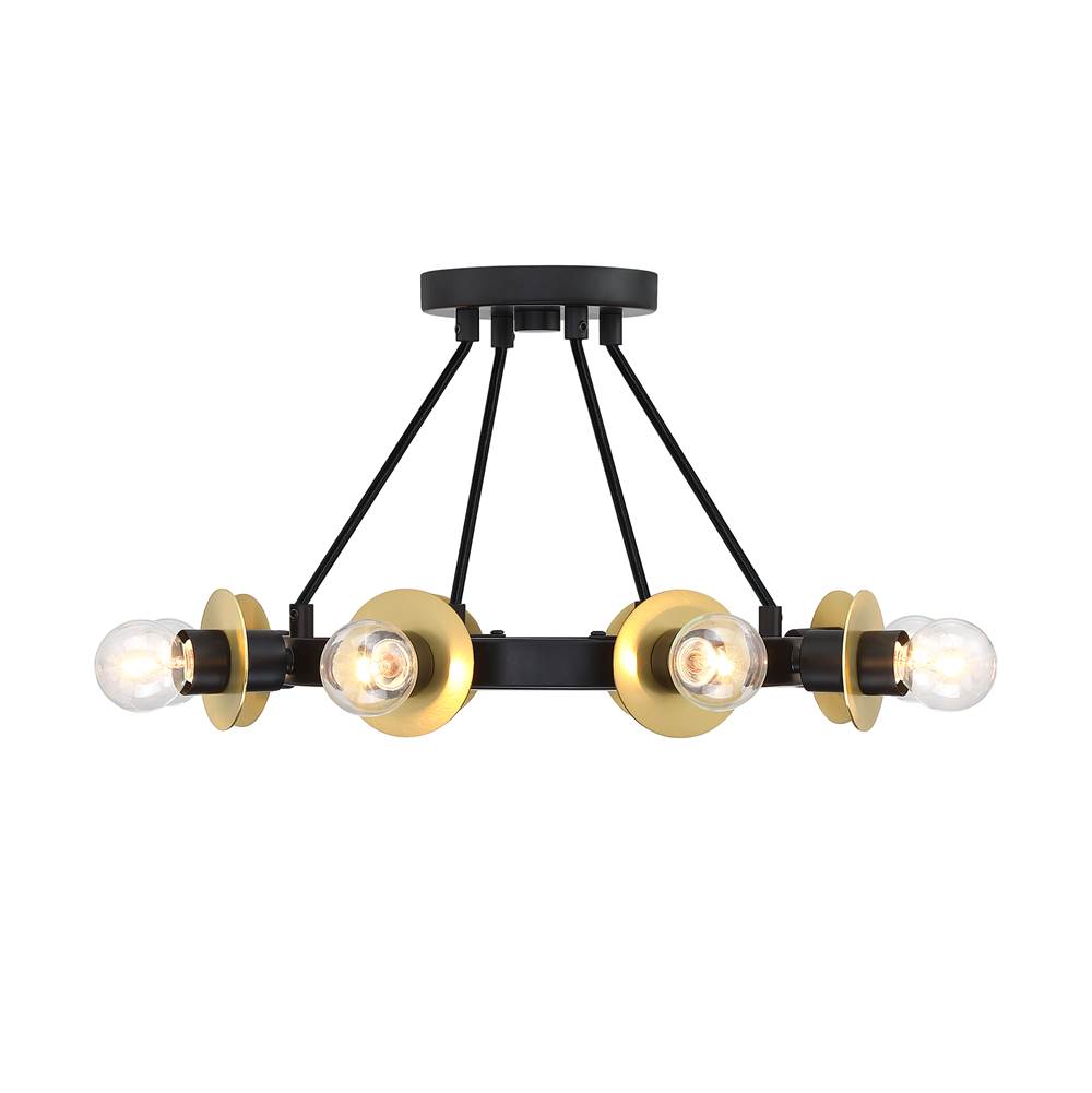 Designers Fountain Harmoni 16 in. 8-Light Matte Black Industrial Semi Flush Mount with Brushed Gold Accents for Dining Rooms