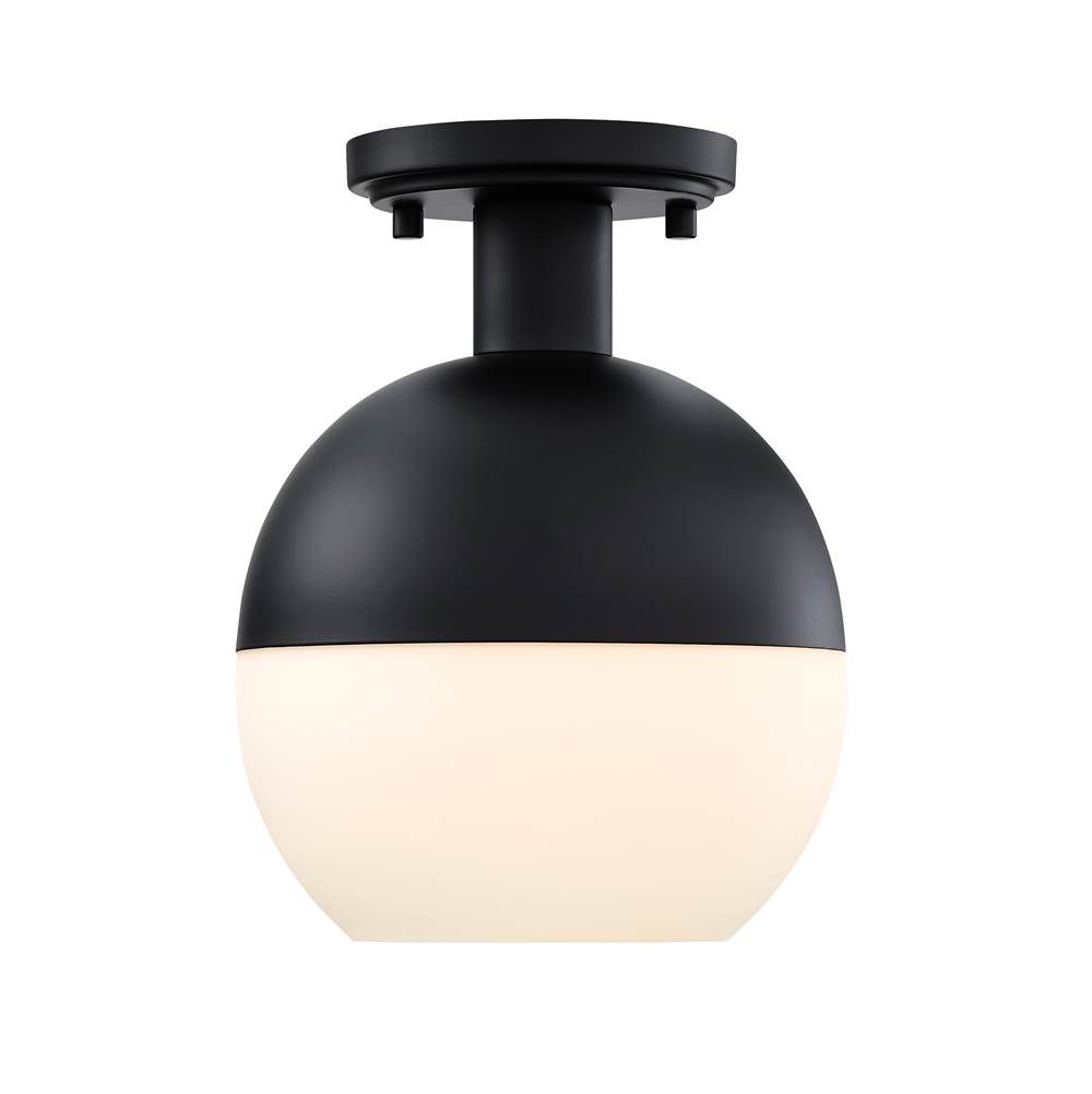 Designers Fountain Linden 8 in. 1-Light Matte Black Mid-Century Modern Semi Flush Mount with Etched Opal Glass Shade for Bedrooms