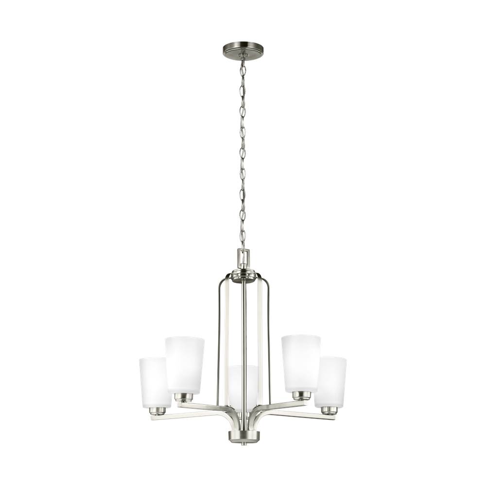 Generation Lighting Franport Transitional 5-Light Led Indoor Dimmable Ceiling Chandelier Pendant Light In Brushed Nickel Silver Finish With Etched White Glass Shades