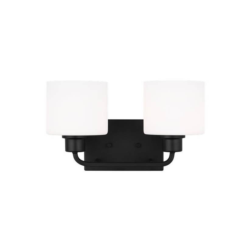 Generation Lighting Canfield Indoor Dimmable Led 2-Light Wall Bath Sconce In A Midnight Black Finish And Etched White Glass Shade