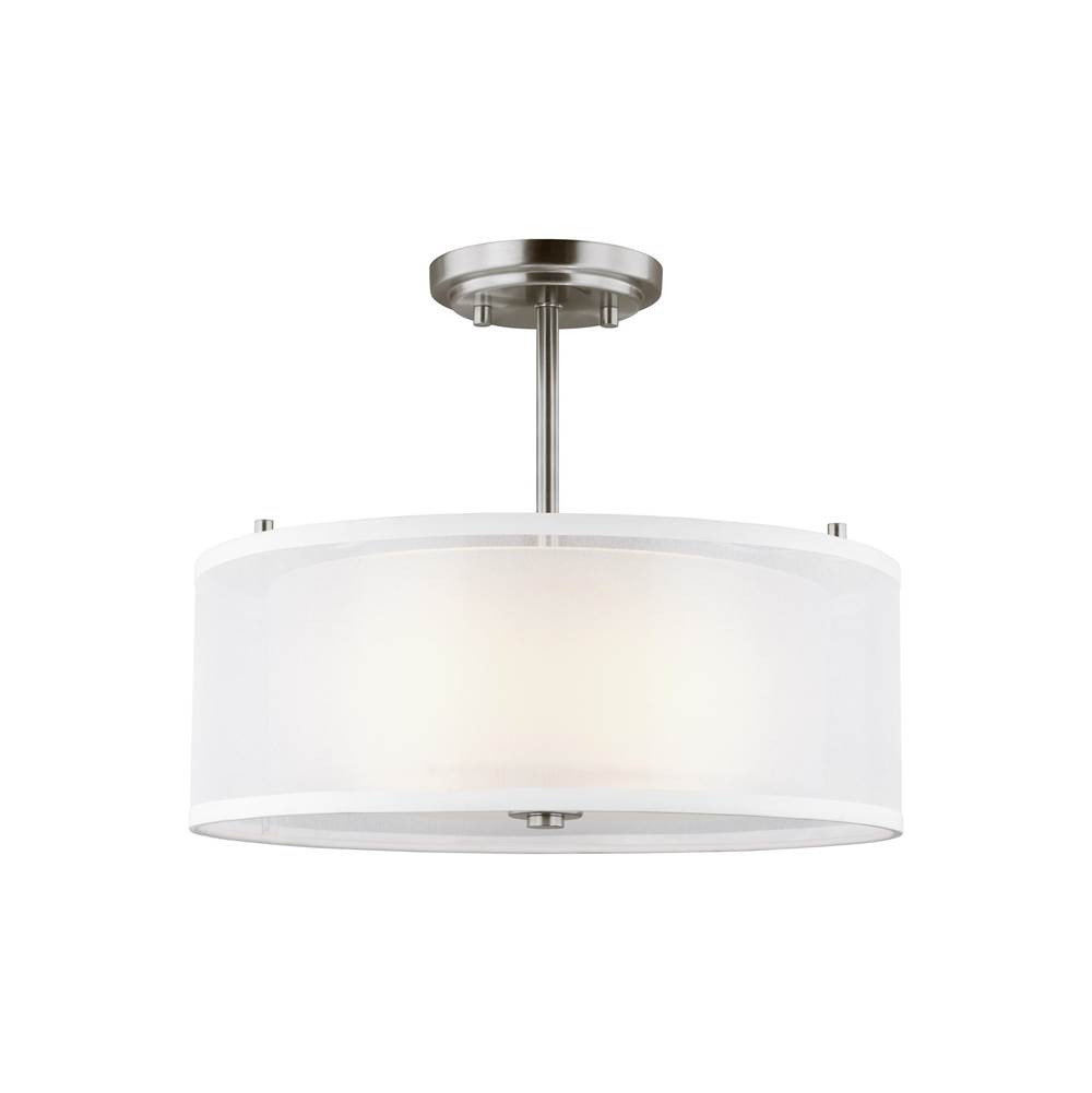 Generation Lighting Elmwood Park Traditional 2-Light Indoor Ceiling Semi-Flush Mount In Brushed Nickel Silver W/Satin Etched Glass Shade And Off White Organza Silk Shade