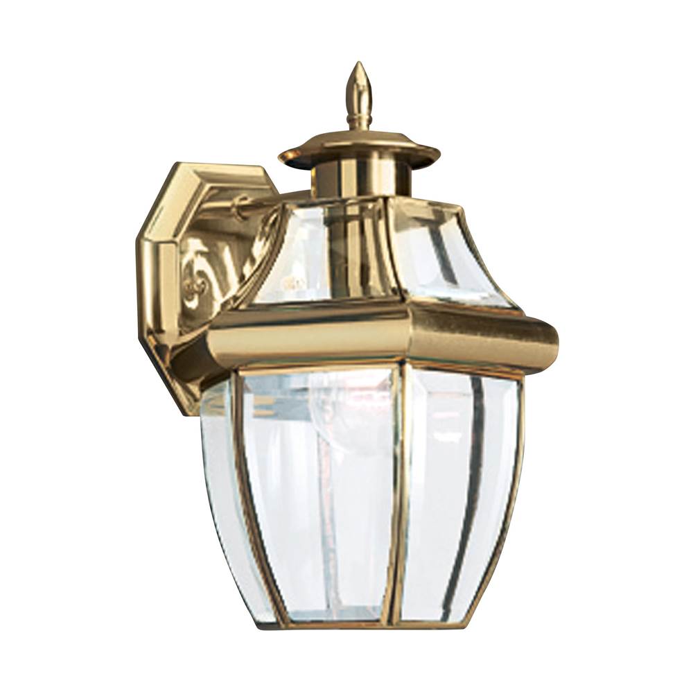 Generation Lighting Lancaster Traditional 1-Light Outdoor Exterior Medium Wall Lantern Sconce In Polished Brass Gold Finish With Clear Curved Beveled Glass Shade