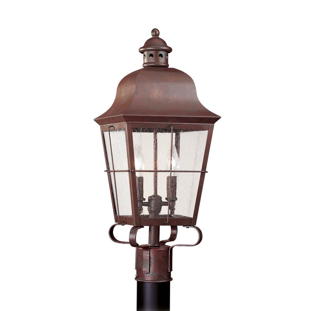 Generation Lighting Chatham Traditional 2-Light Outdoor Exterior Post Lantern In Weathered Copper Finish With Clear Seeded Glass Panels