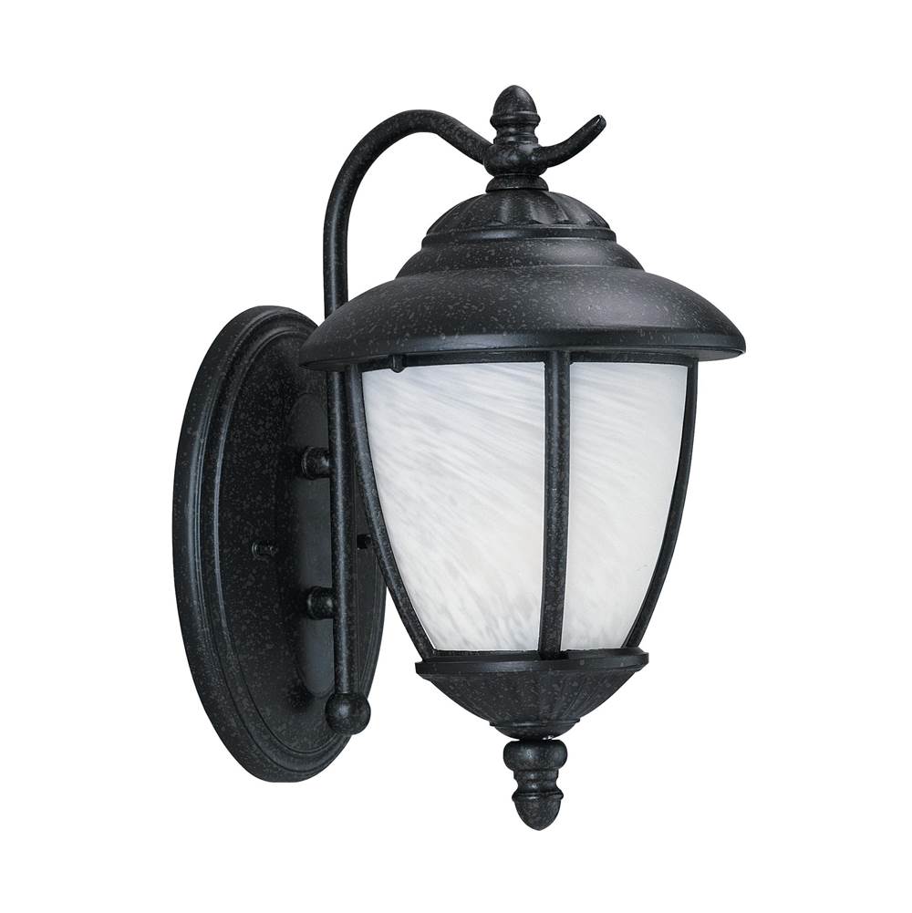 Generation Lighting Yorktown Transitional 1-Light Led Outdoor Exterior Medium Wall Lantern Sconce In Forged Iron Finish With Swirled Marbleize Glass Shade