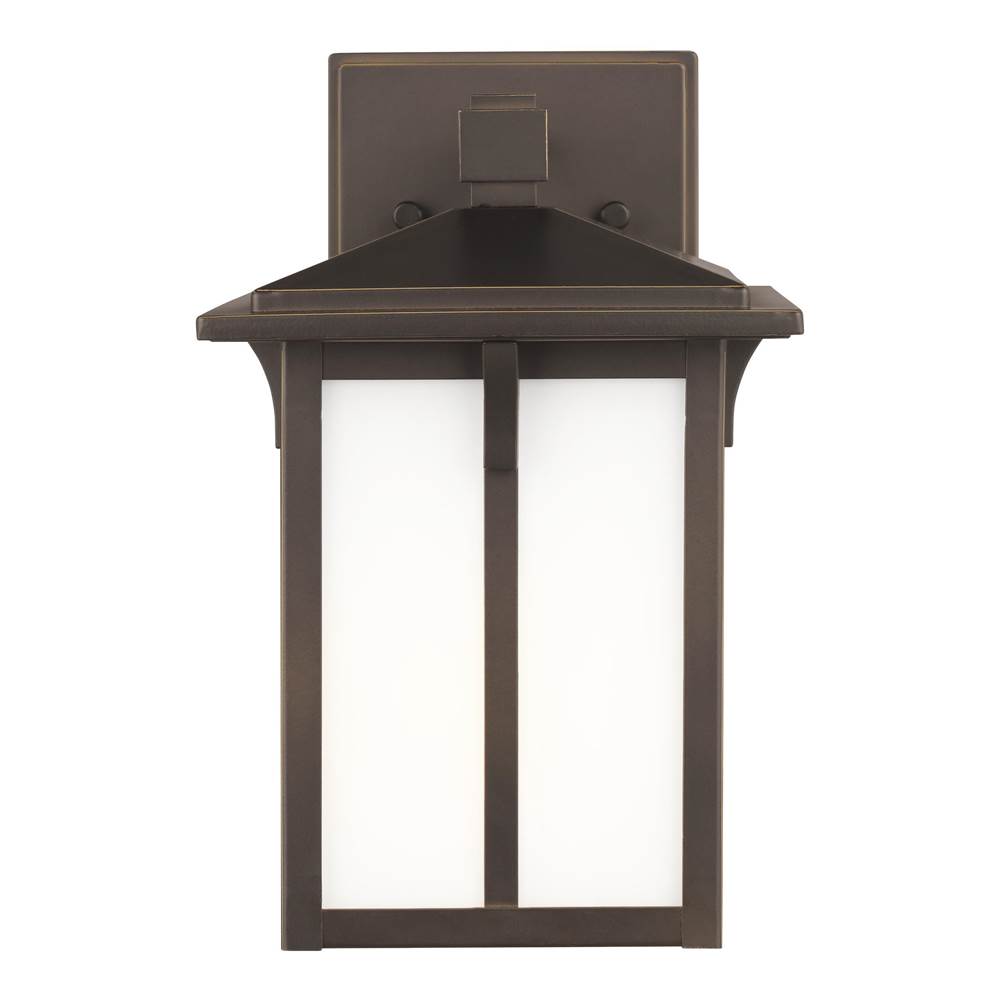 Generation Lighting Tomek Modern 1-Light Led Outdoor Exterior Small Wall Lantern Sconce In Antique Bronze Finish With Etched White Glass Panels