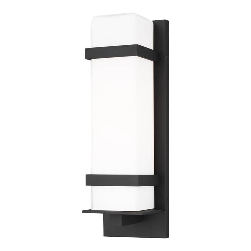 Generation Lighting Alban Modern 1-Light Outdoor Exterior Medium Square Wall Lantern In Black Finish With Etched Opal Glass Shade