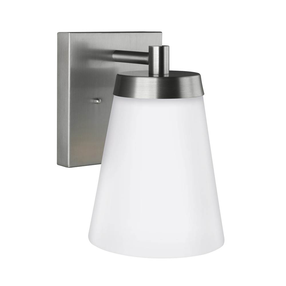 Generation Lighting Renville Transitional 1-Light Outdoor Exterior Large Wall Lantern Sconce In Satin Aluminum Silver Finish With Satin Etched Glass Shade