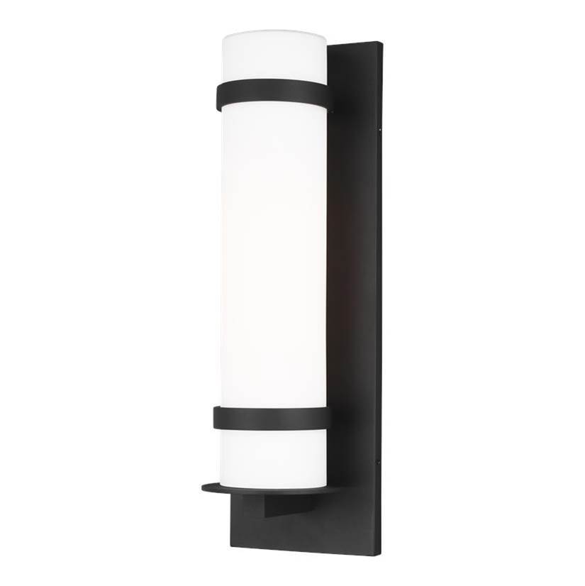 Generation Lighting Alban Modern 1-Light Outdoor Exterior Large Round Wall Lantern In Black Finish With Etched Opal Glass Shade
