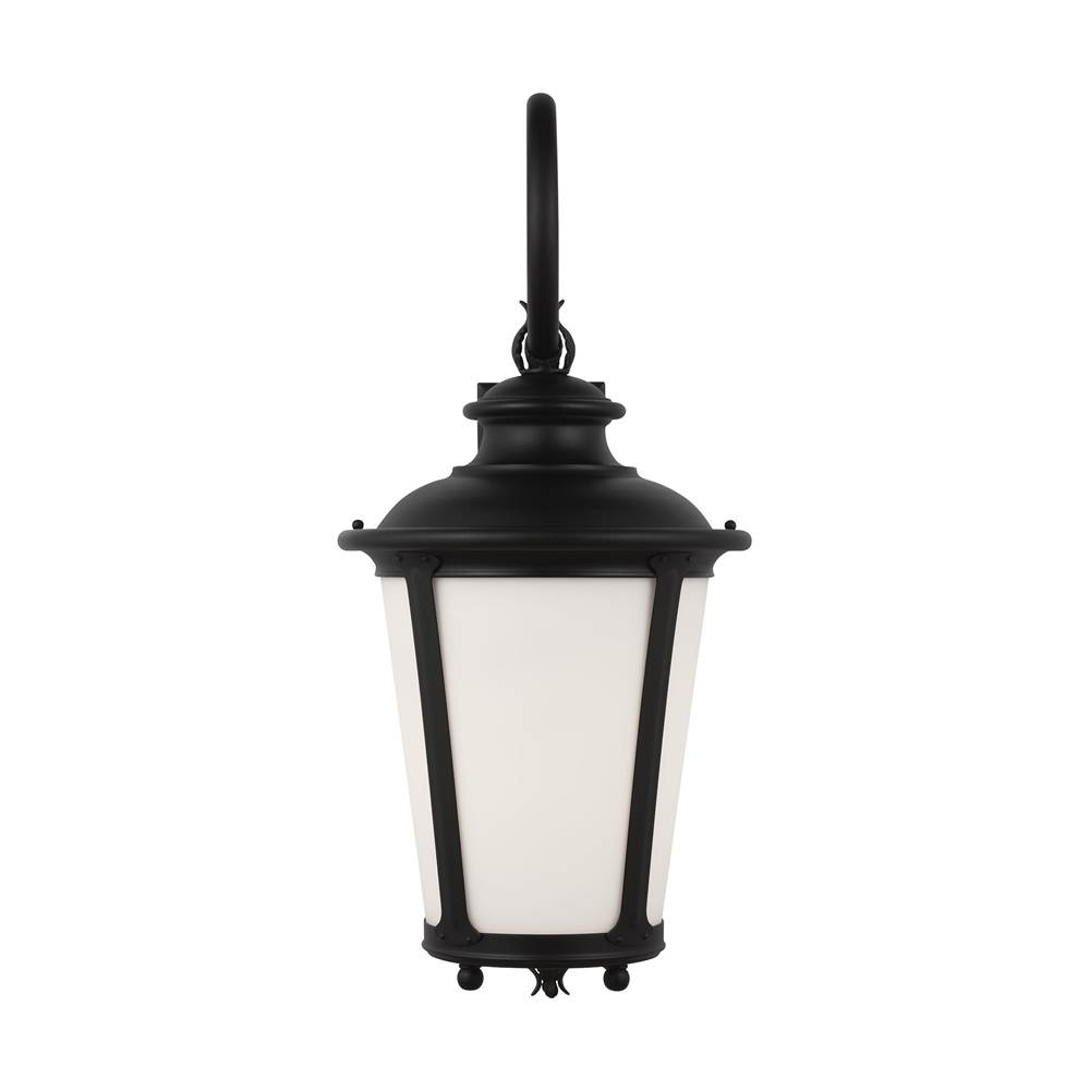 Generation Lighting Cape May Traditional 1-Light Led Outdoor Exterior Extra Large 30'' Tall Wall Lantern Sconce In Black Finish With Etched White Glass Shade