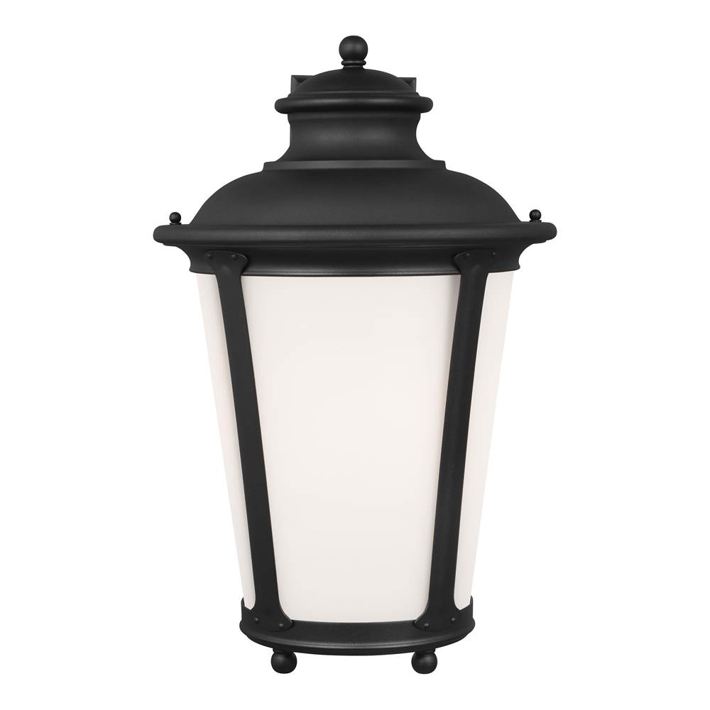 Generation Lighting Cape May Traditional 1-Light Outdoor Exterior Extra Large 20'' Tall Wall Lantern Sconce In Black Finish With Etched White Glass Shade