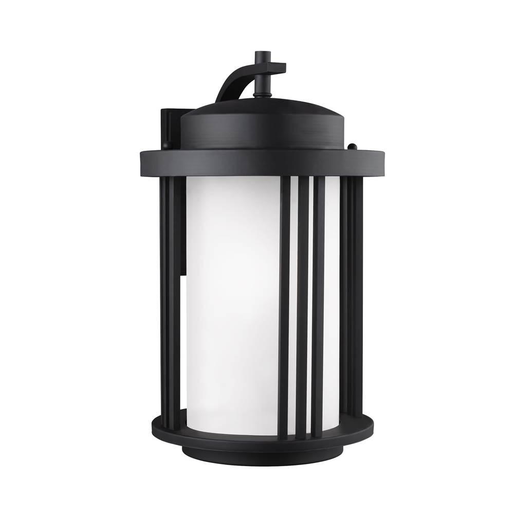 Generation Lighting Crowell Contemporary 1-Light Led Outdoor Exterior Large Wall Lantern Sconce In Black Finish With Satin Etched Glass Shade