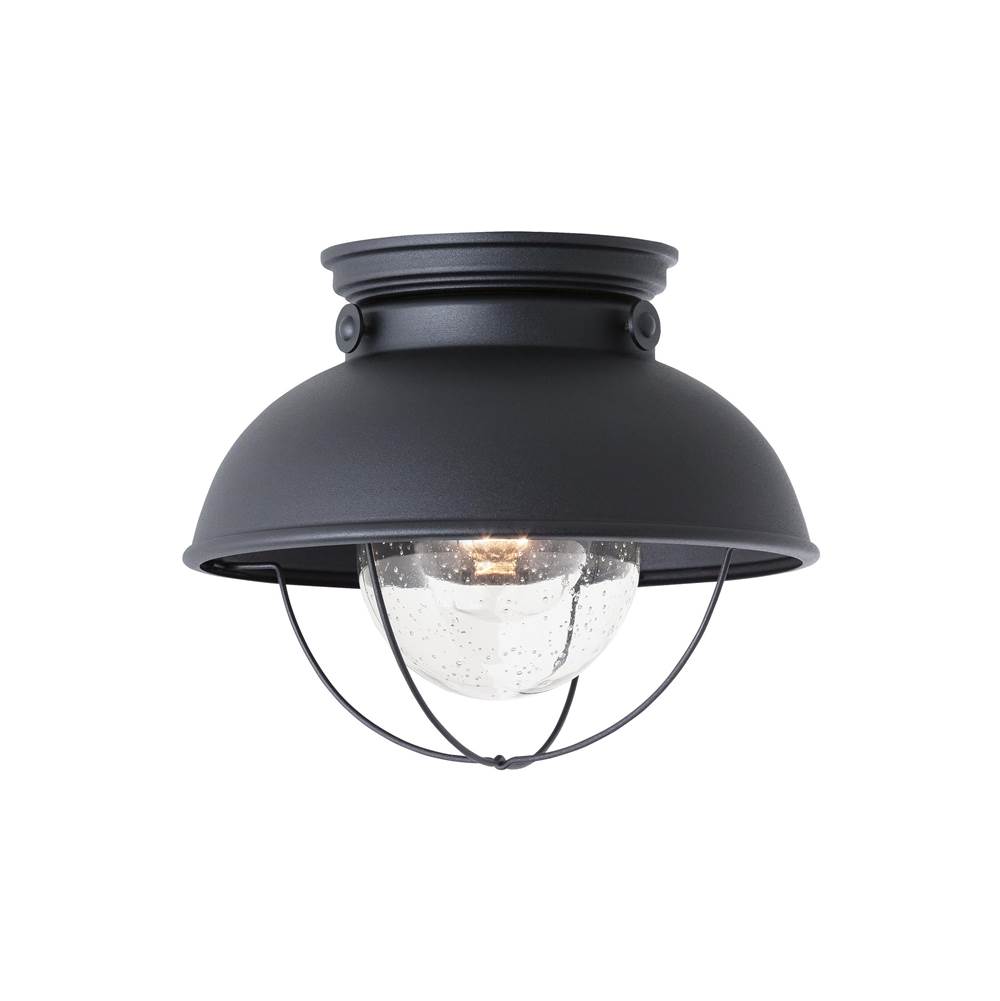 Generation Lighting Sebring Transitional 1-Light Outdoor Exterior Ceiling Flush Mount In Black Finish With Clear Seeded Glass Diffuser