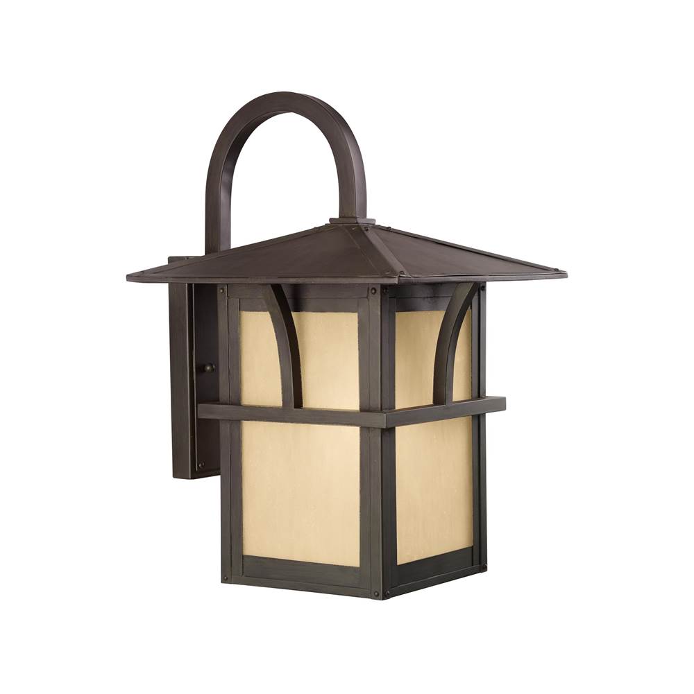 Generation Lighting Medford Lakes Transitional 1-Light Outdoor Exterior Large Wall Lantern Sconce In Statuary Bronze Finish W/Etched Hammered W/Light Amber Glass Panels