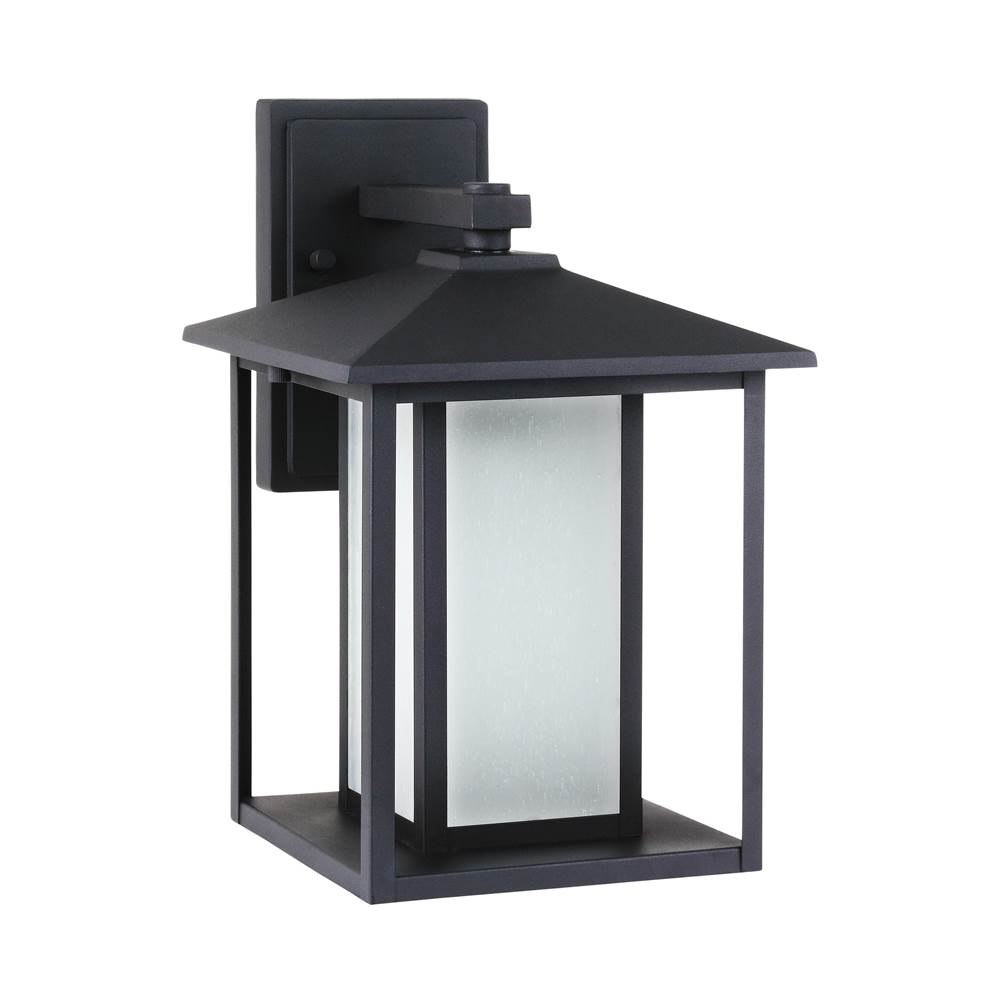 Generation Lighting Hunnington Contemporary 1-Light Outdoor Exterior Medium Wall Lantern In Black Finish With Etched Seeded Glass Panels