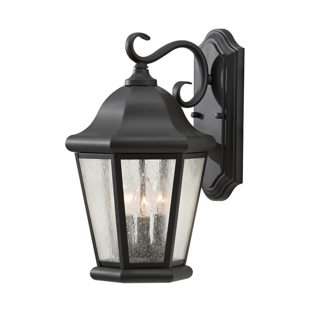 Generation Lighting Martinsville Traditional 3-Light Outdoor Exterior Large Wall Lantern Sconce In Black Finish With Clear Seeded Glass Shades