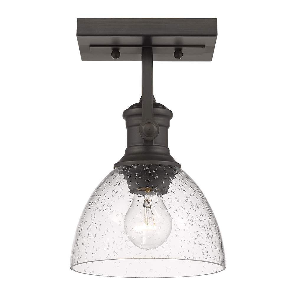 Golden Lighting Hines 1-Light Semi-Flush in Rubbed Bronze with Seeded Glass