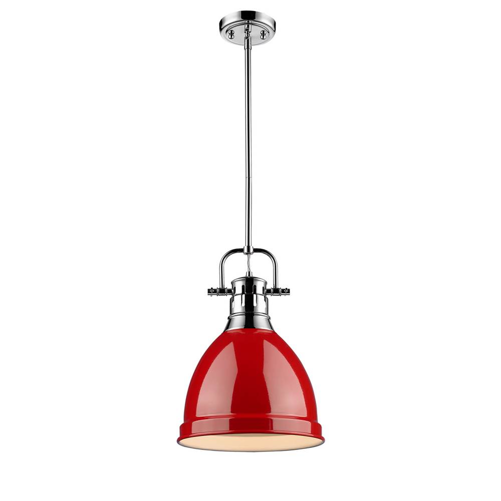 Golden Lighting Duncan Small Pendant with Rod in Chrome with a Red Shade