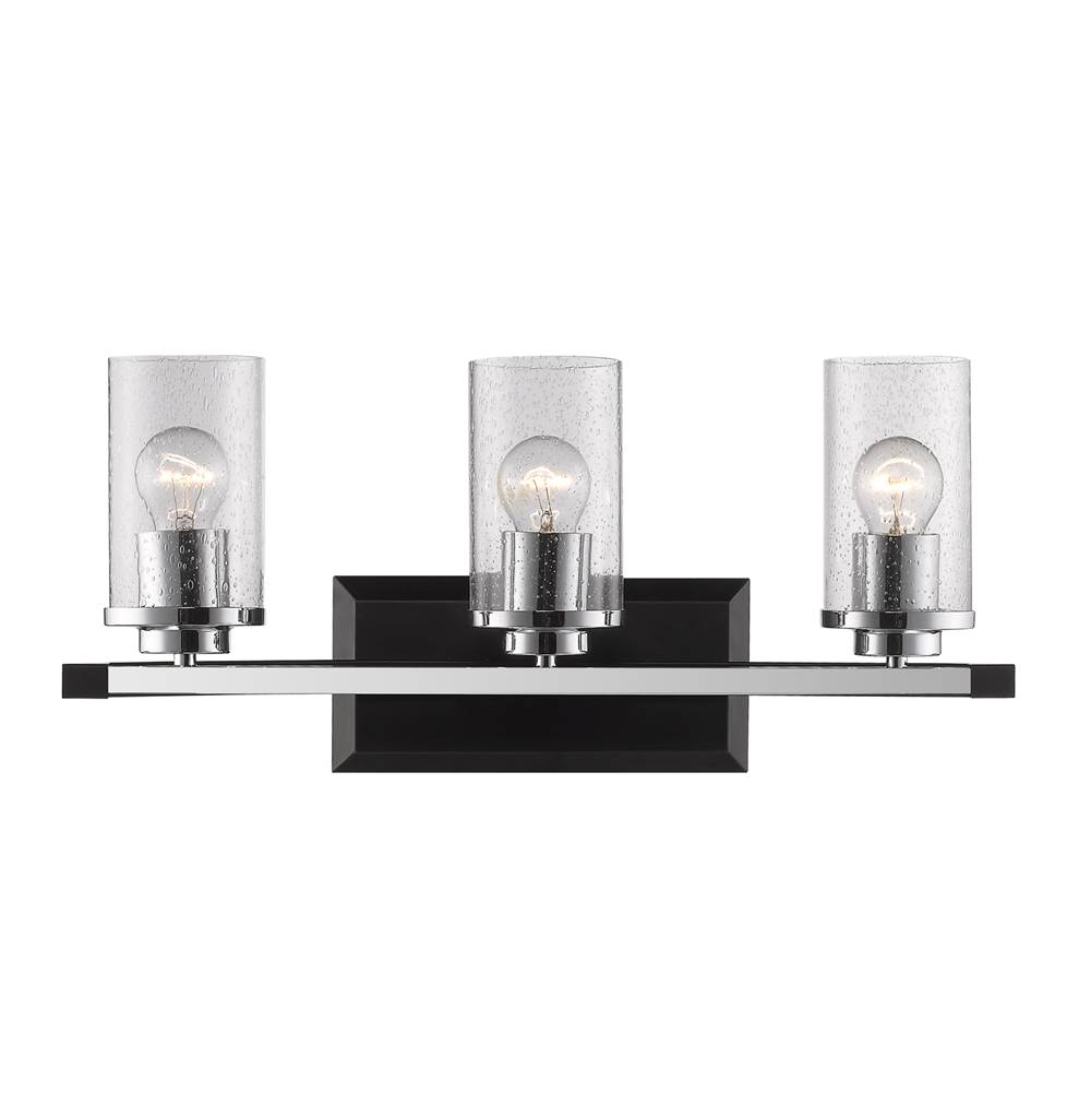 Golden Lighting Mercer 3 Light Bath Vanity in Matte Black with Chrome accents and Seeded Glass