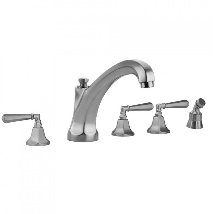 Jaclo Astor Roman Tub Set with High Spout and Hex Lever Handles and Angled Handshower Mount