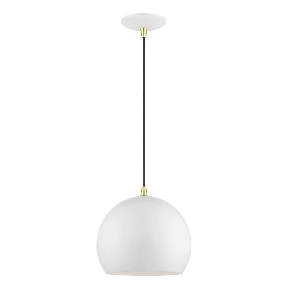 Livex 1 Light Shiny White with Polished Brass Accents Globe Pendant