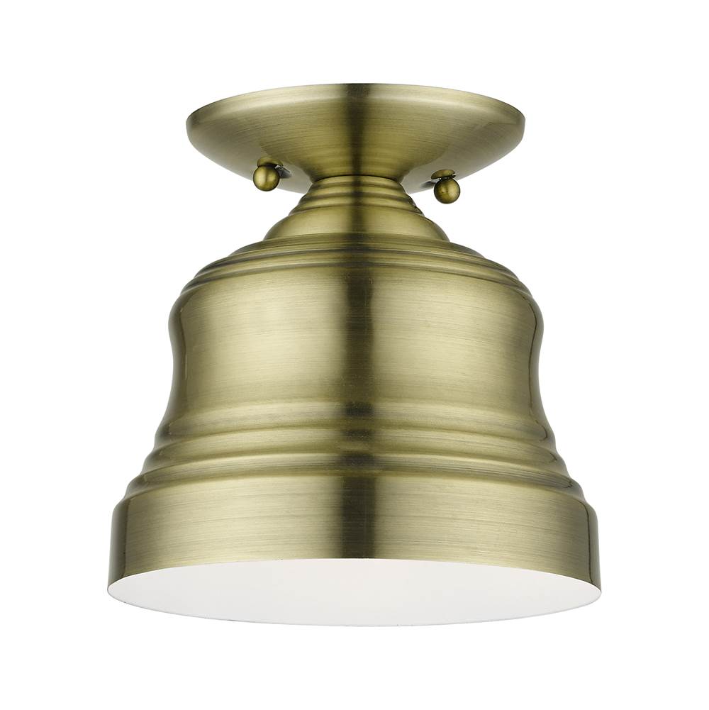Livex 1 Light Antique Brass Bell Petite Bell Semi-Flush with Shiny White Finish Inside