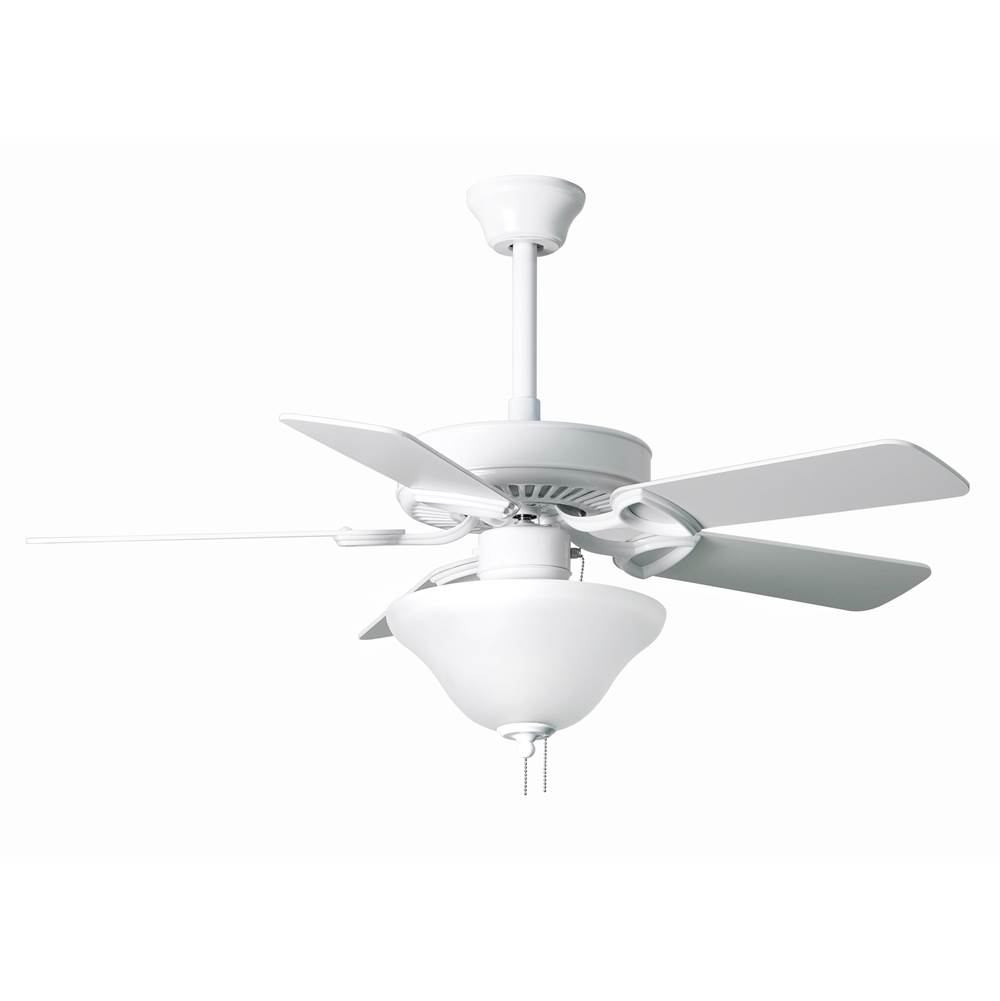 Matthews Fan Company America 3-speed ceiling fan in gloss white finish with 42'' white blades and light kit (2 x GU24 Socket). Assembled in USA.