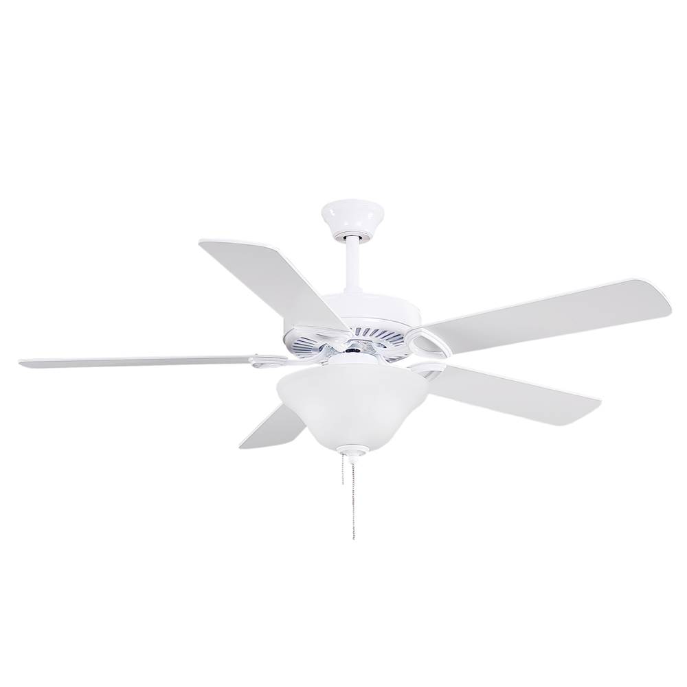 Matthews Fan Company America 3-speed ceiling fan in gloss white finish with 52'' white blades and light kit (2 x GU24 Socket). Made in Taiwan