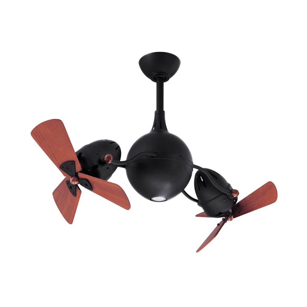 Matthews Fan Company Acqua 360degree rotational 3-speed ceiling fan in matte black finish with solid sustainable mahogany wood blades and light kit.