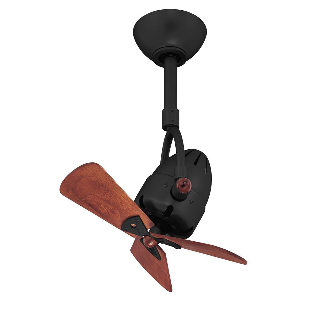 Matthews Fan Company Diane oscillating ceiling fan in Matte Black finish with solid mahogany tone wood blades.