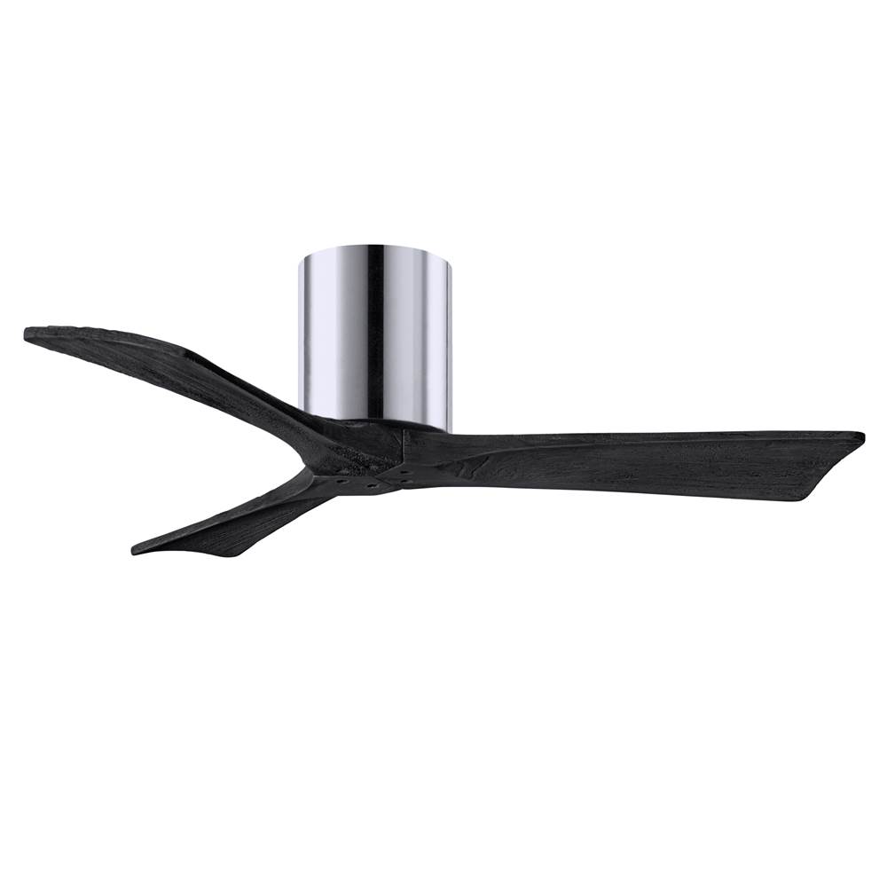 Matthews Fan Company Irene-3H three-blade flush mount paddle fan in Polished Chrome finish with 42'' solid matte black wood blades.