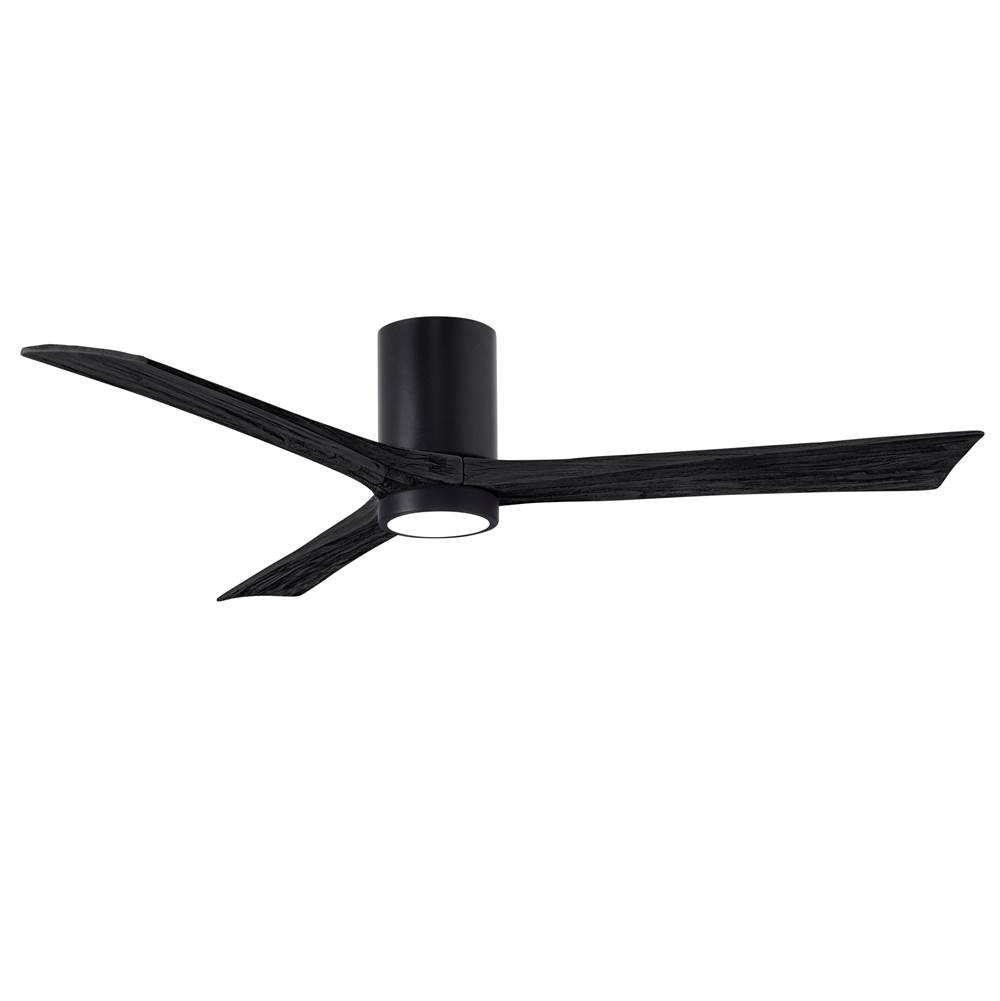 Matthews Fan Company Irene-3HLK three-blade flush mount paddle fan in Matte Black finish with 60'' solid matte black wood blades and integrated LED light kit.
