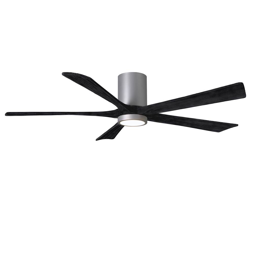 Matthews Fan Company IR5HLK five-blade flush mount paddle fan in Brushed Nickel finish with 60'' solid matte black wood blades and integrated LED light kit.