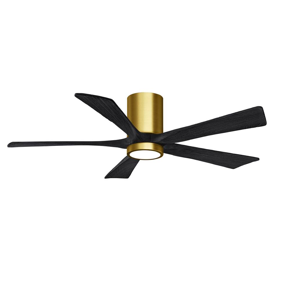 Matthews Fan Company IR5HLK five-blade flush mount paddle fan in Brushed Brass finish with 52'' solid barn wood tone blades and integrated LED light kit.
