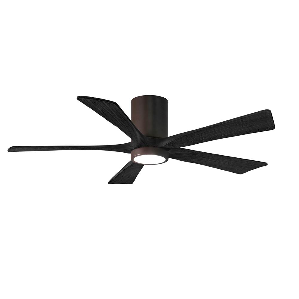 Matthews Fan Company IR5HLK five-blade flush mount paddle fan in Textured Bronze finish with 52'' solid matte black wood blades and integrated LED light kit.