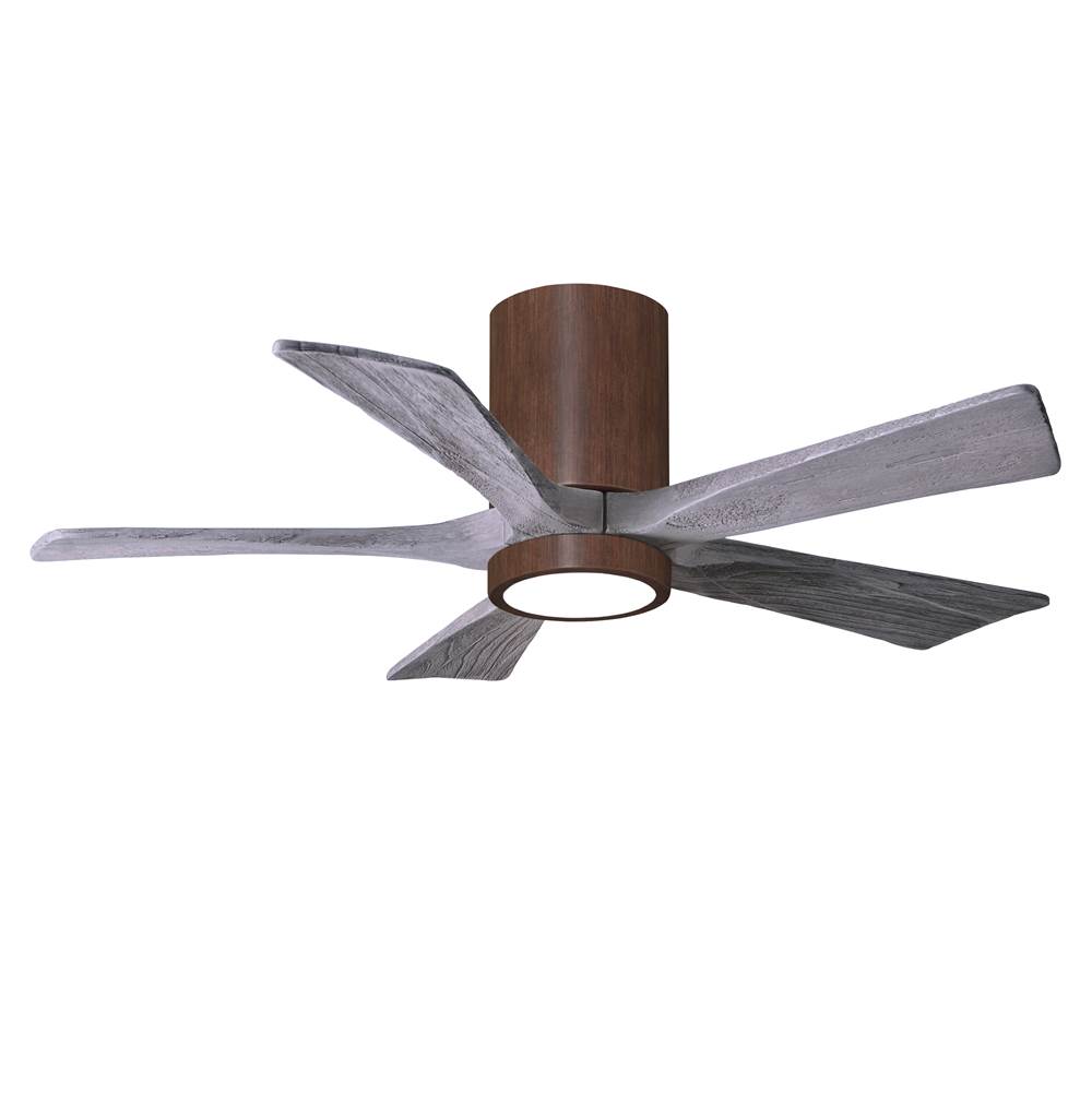 Matthews Fan Company IR5HLK five-blade flush mount paddle fan in Walnut finish with 42'' solid barn wood tone blades and integrated LED light kit.