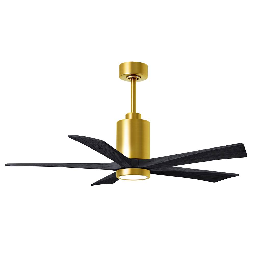 Matthews Fan Company Patricia-5 five-blade ceiling fan in Brushed Brass finish with 52'' solid matte black wood blades and dimmable LED light kit