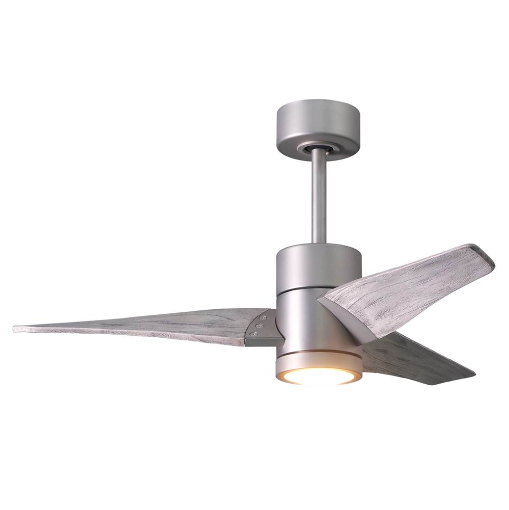 Matthews Fan Company Super Janet three-blade ceiling fan in Brushed Nickel finish with 42'' solid barn wood tone blades and dimmable LED light kit