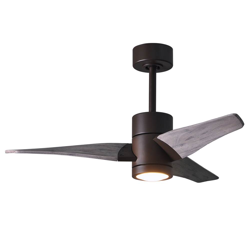 Matthews Fan Company Super Janet three-blade ceiling fan in Textured Bronze finish with 42'' solid barn wood tone blades and dimmable LED light kit