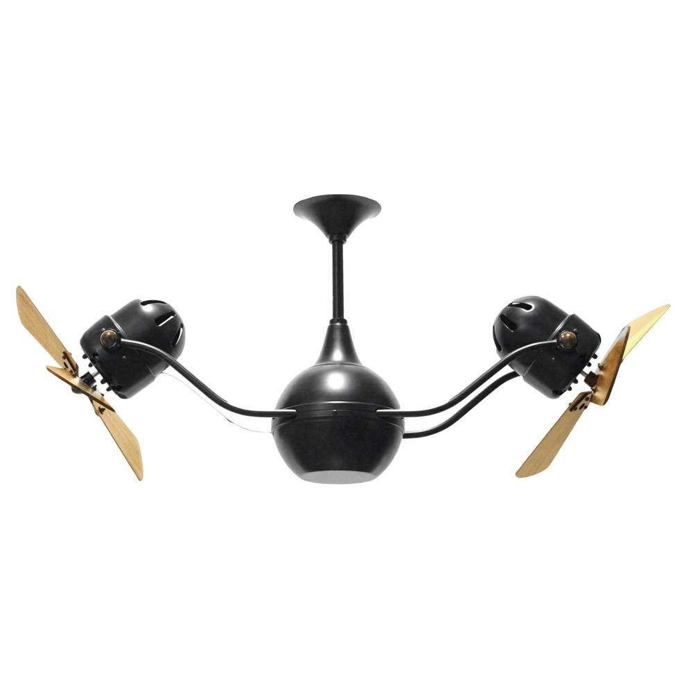 Matthews Fan Company Vent-Bettina 360degree dual headed rotational ceiling fan in Matte Black finish with solid sustainable mahogany wood blades.