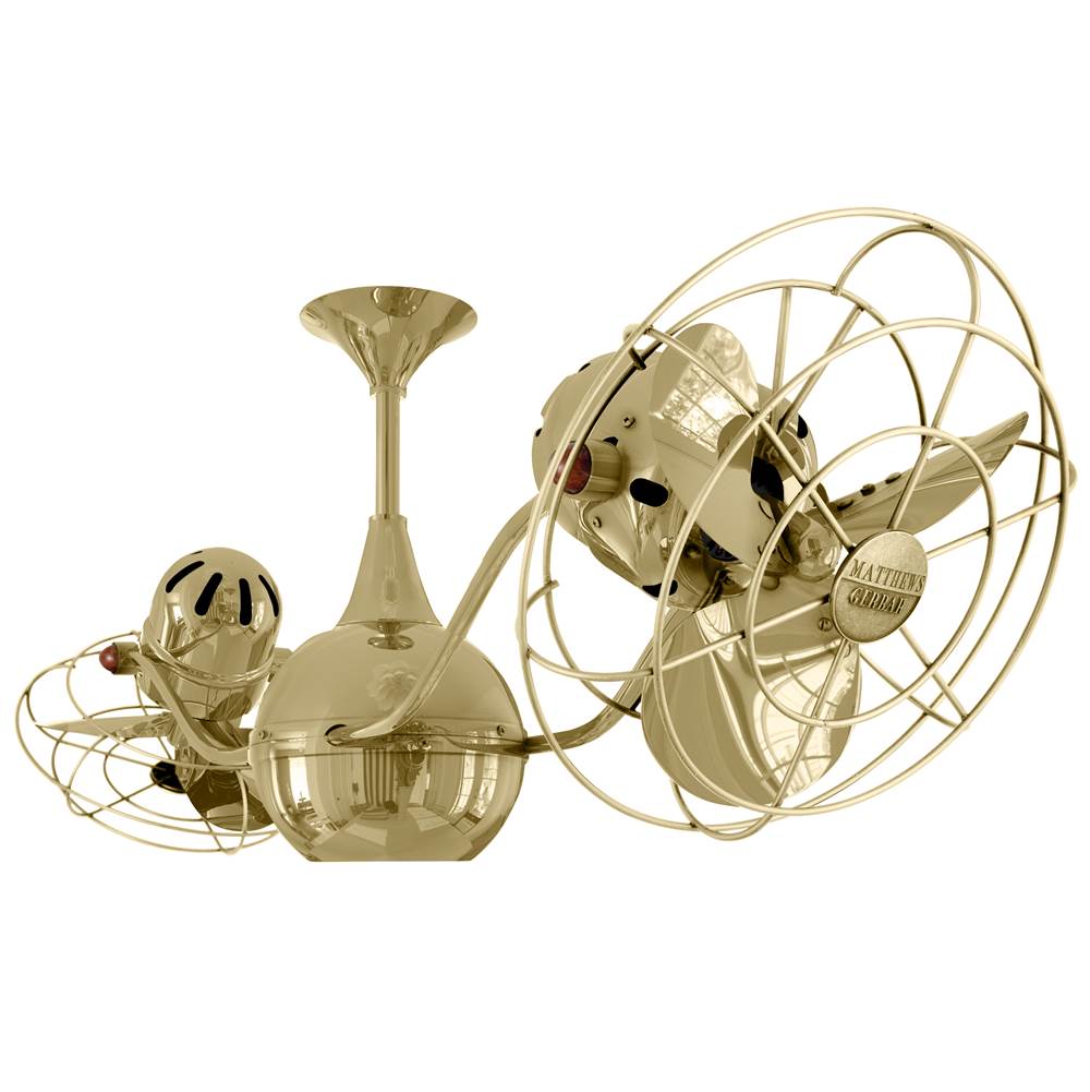 Matthews Fan Company Vent-Bettina 360degree dual headed rotational ceiling fan in polished brass finish with metal blades.