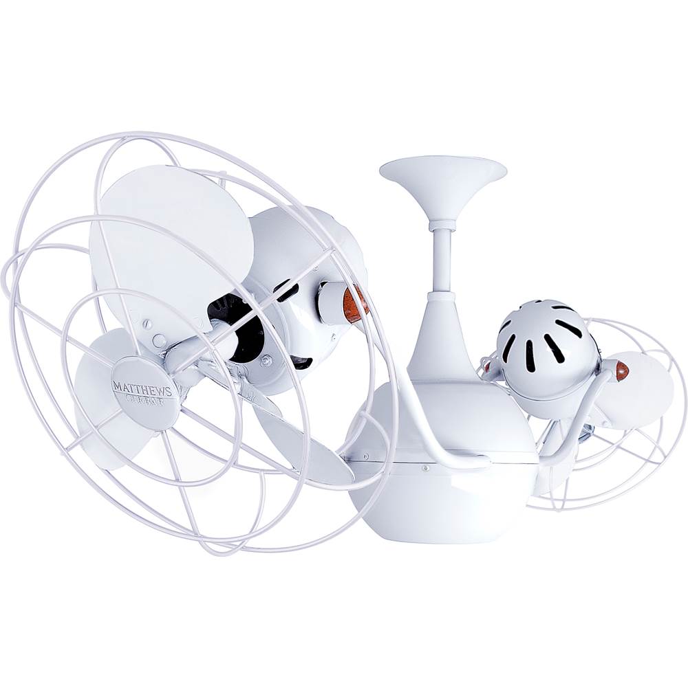 Matthews Fan Company Vent-Bettina 360degree dual headed rotational ceiling fan in gloss white finish with metal blades.