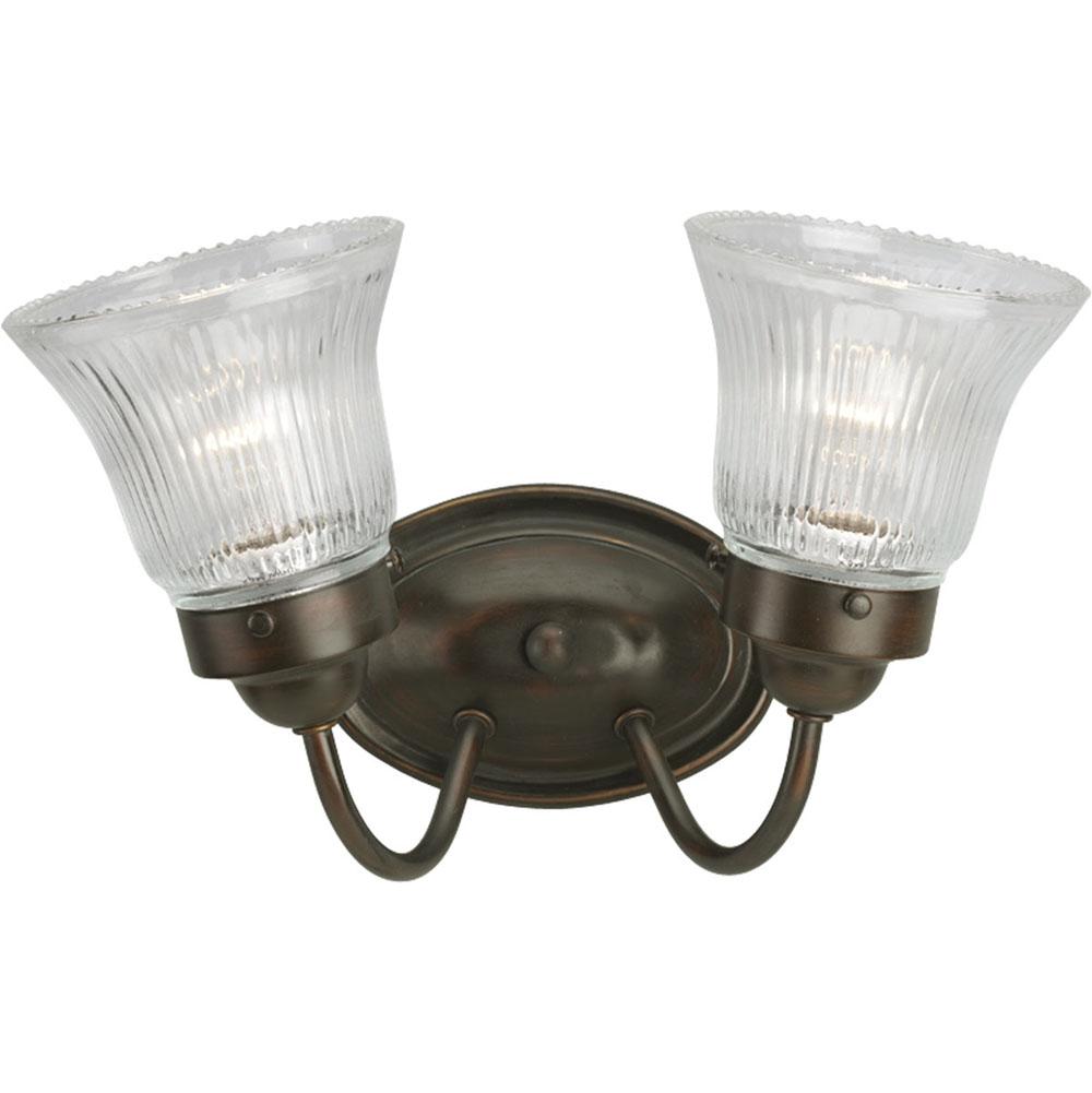 Progress Lighting Fluted Glass Collection Two-Light Antique Bronze Clear Prismatic Glass Traditional Bath Vanity Light