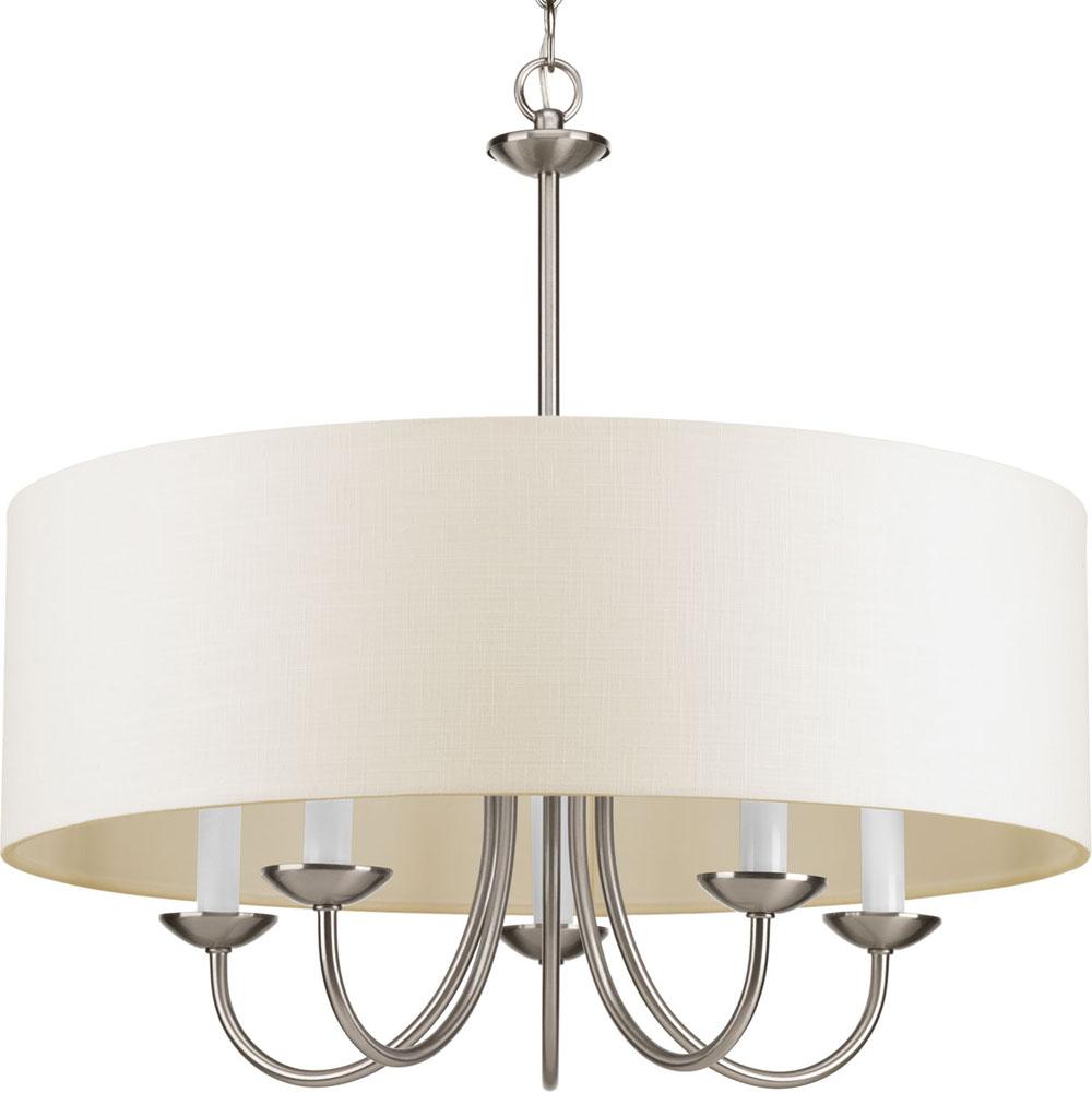 Progress Lighting Drum Shade Collection Five-Light Brushed Nickel White Textured Linen Shade Farmhouse Chandelier Light