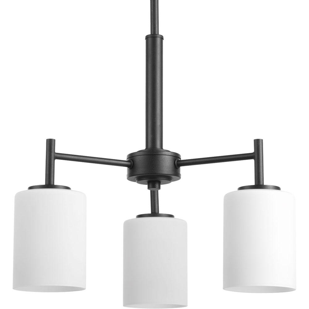 Progress Lighting Replay Collection Three-Light Textured Black Etched White Glass Modern Chandelier Light