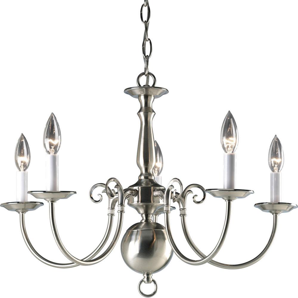 Progress Lighting Americana Collection Five-Light Brushed Nickel White Candle Traditional Chandelier Light