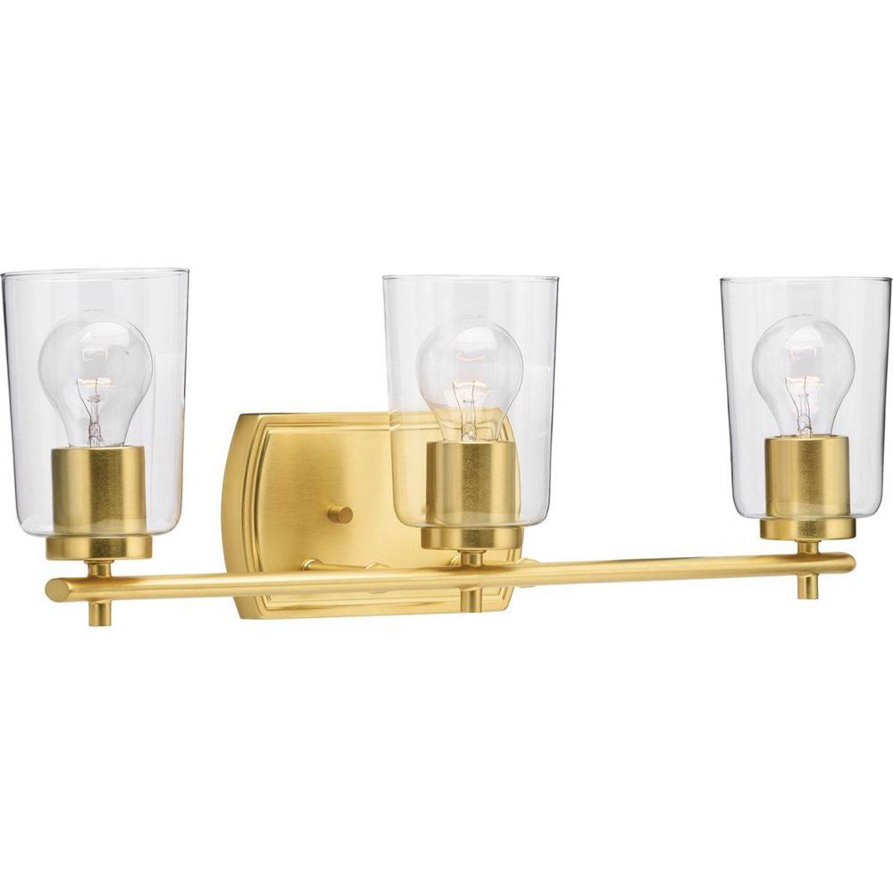 Progress Lighting Adley Collection Three-Light Satin Brass Clear Glass New Traditional Bath Vanity Light
