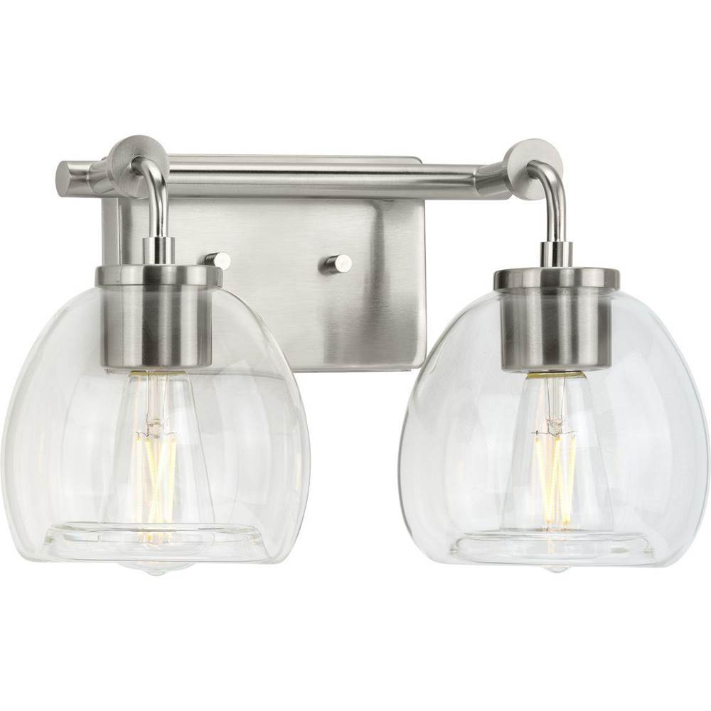 Progress Lighting Caisson Collection Two-Light Brushed Nickel Clear Glass Urban Industrial Bath Vanity Light